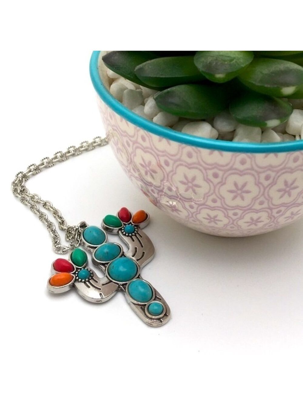 Southwest Saguaro Cactus Pendant Necklace Multi-Color Beads